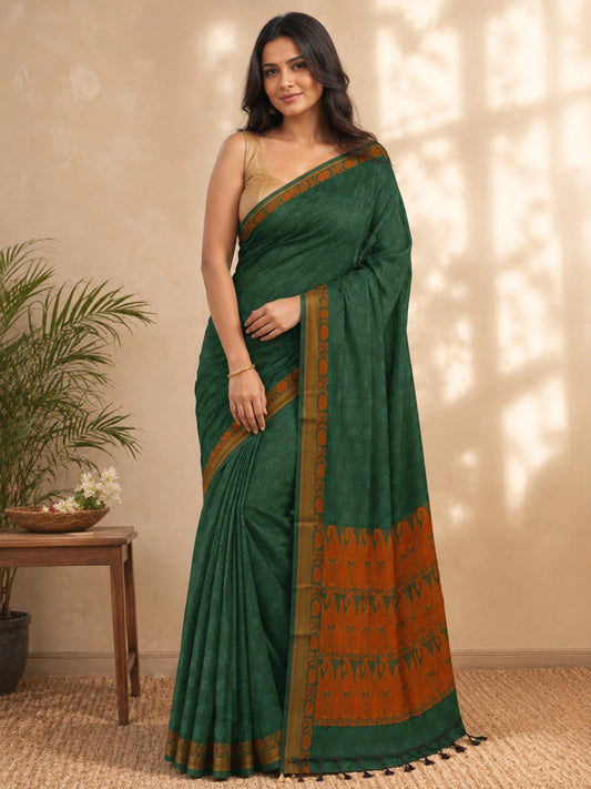 Dark Green Handloom Cotton Saree with Rust Orange Woven Border & Artistic Pallu
