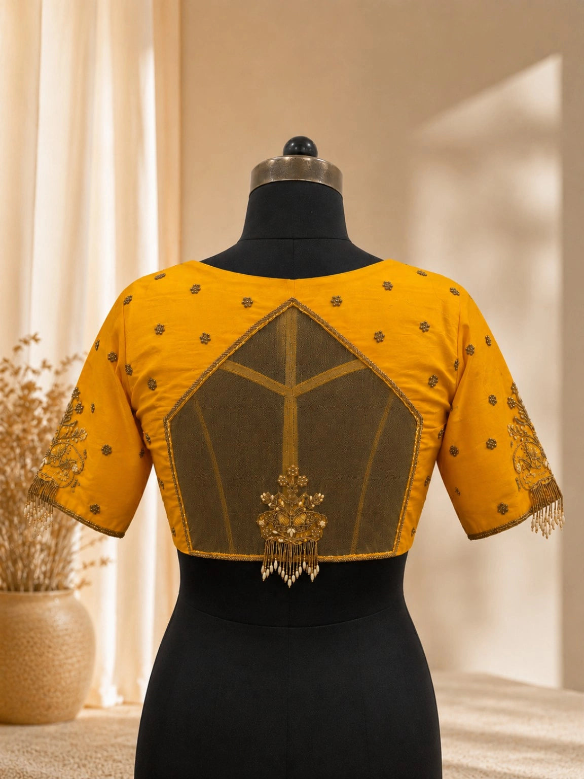 Mustard Yellow Raw Silk Handwork Blouse with Floral Motifs and Embellished Sleeves