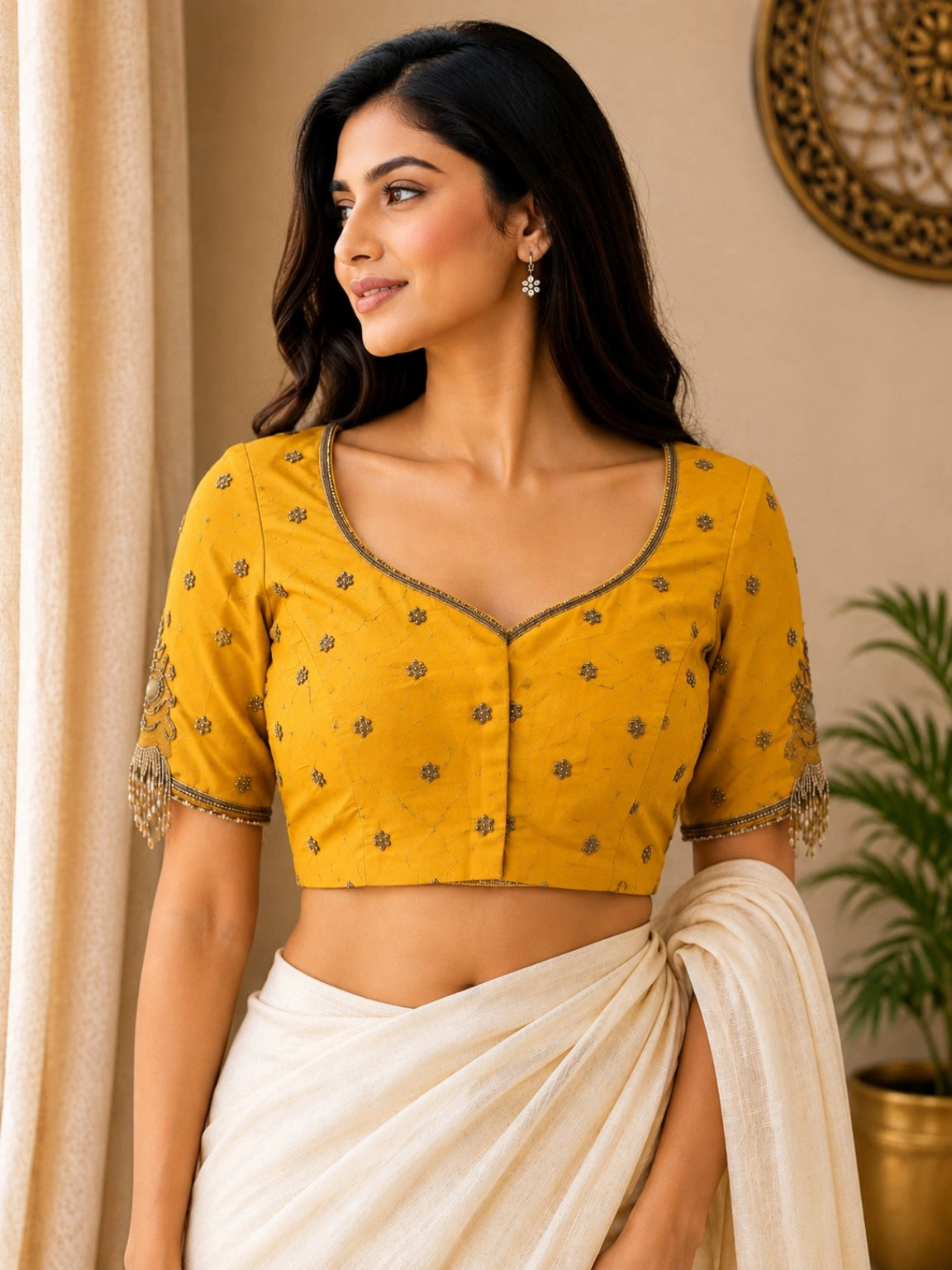Mustard Yellow Raw Silk Handwork Blouse with Floral Motifs and Embellished Sleeves