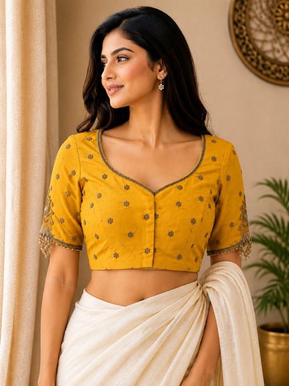 Mustard Yellow Raw Silk Handwork Blouse with Floral Motifs and Embellished Sleeves