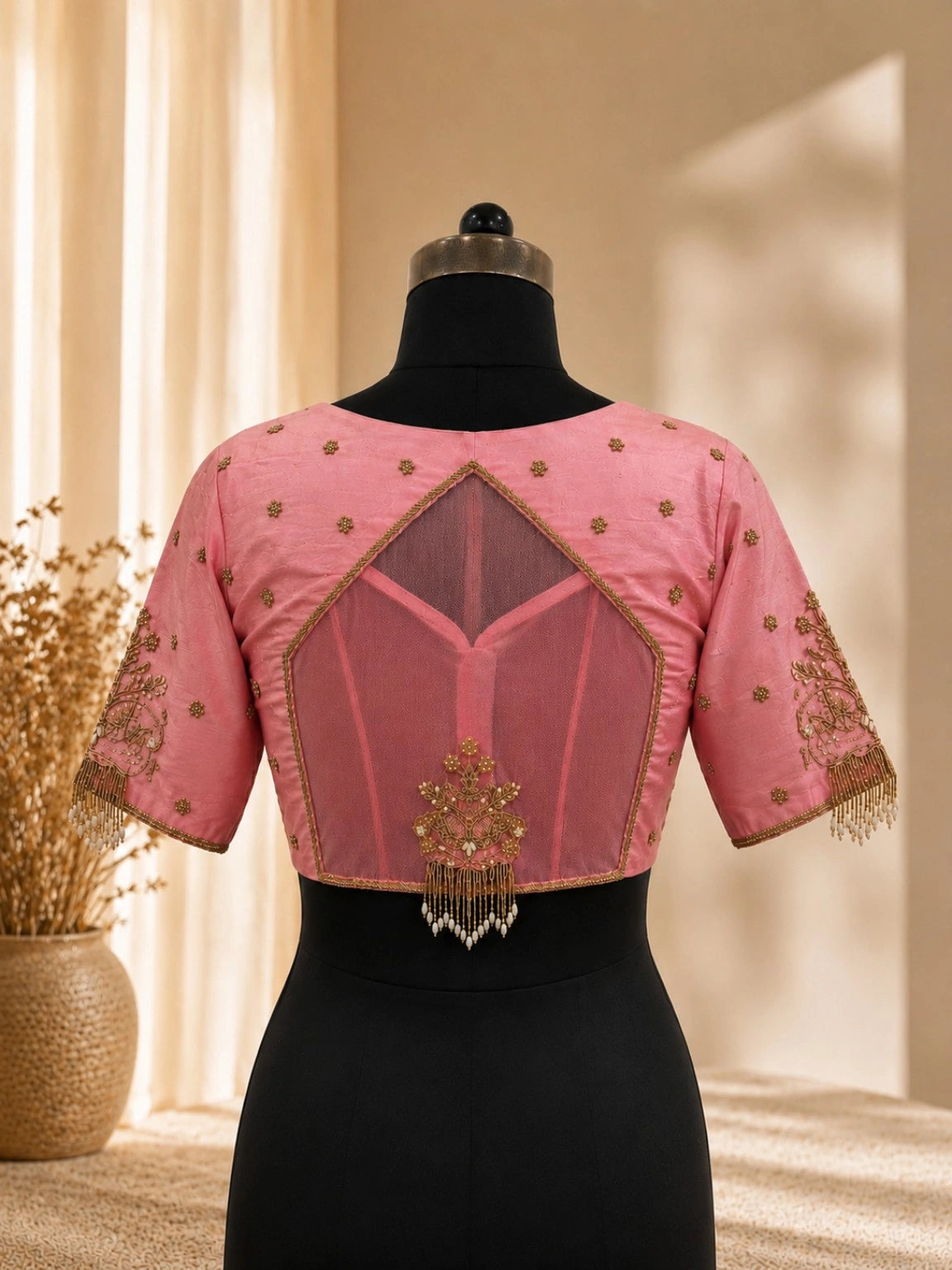 Pink Raw Silk Hand Work Blouse with Gold Floral Embroidery and Embellished Sleeves