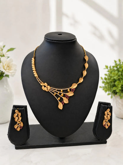 Gold-Tone Leaf Motif Necklace Set with Pink Stone Embellishments