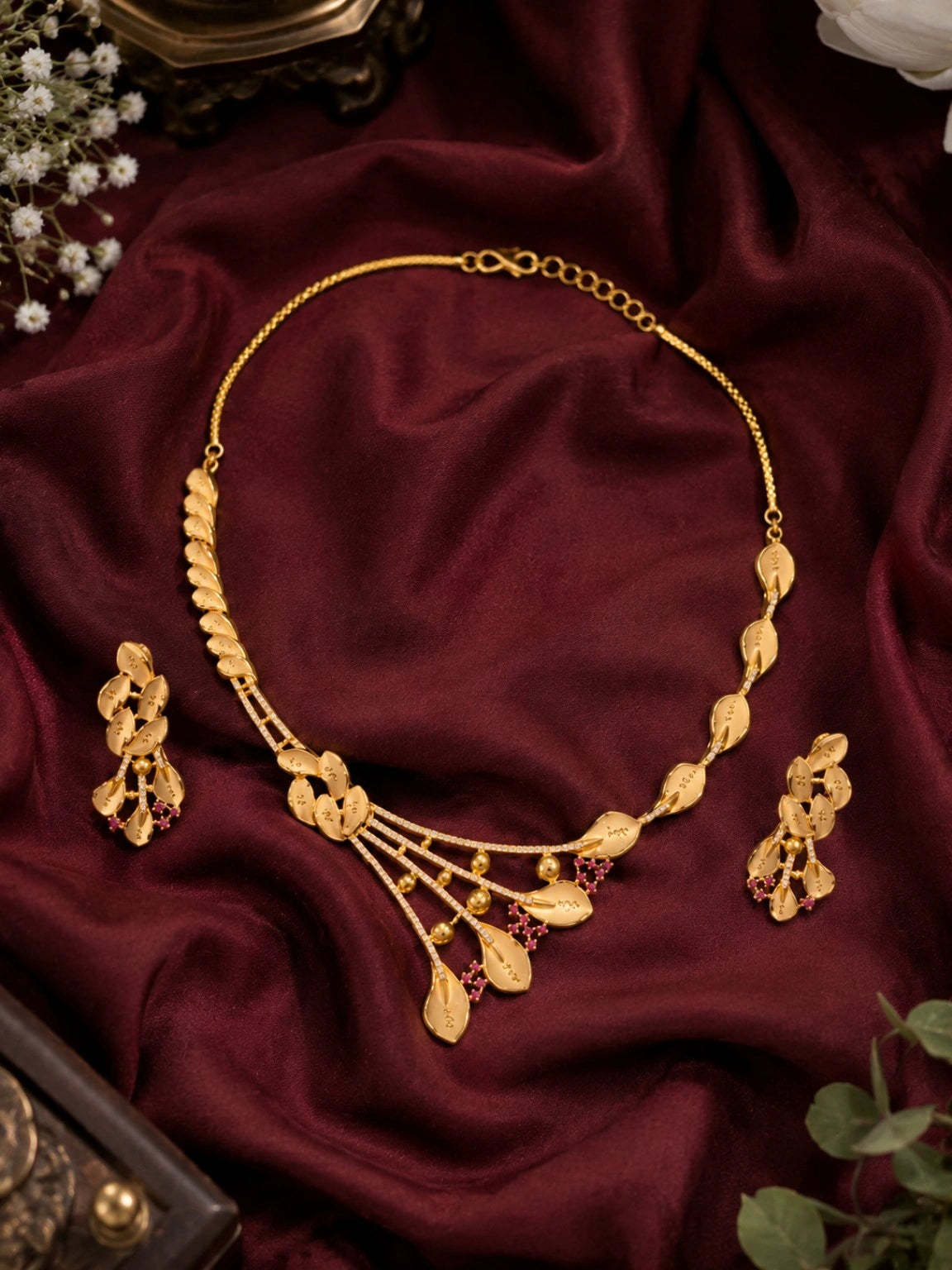 Gold-Tone Leaf Motif Necklace Set with Pink Stone Embellishments