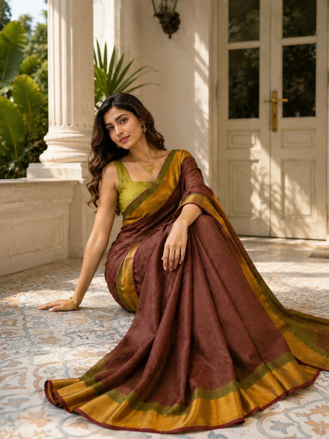 Handloom Cotton Saree in pink with Mustard Gold Border and Green Woven Detail