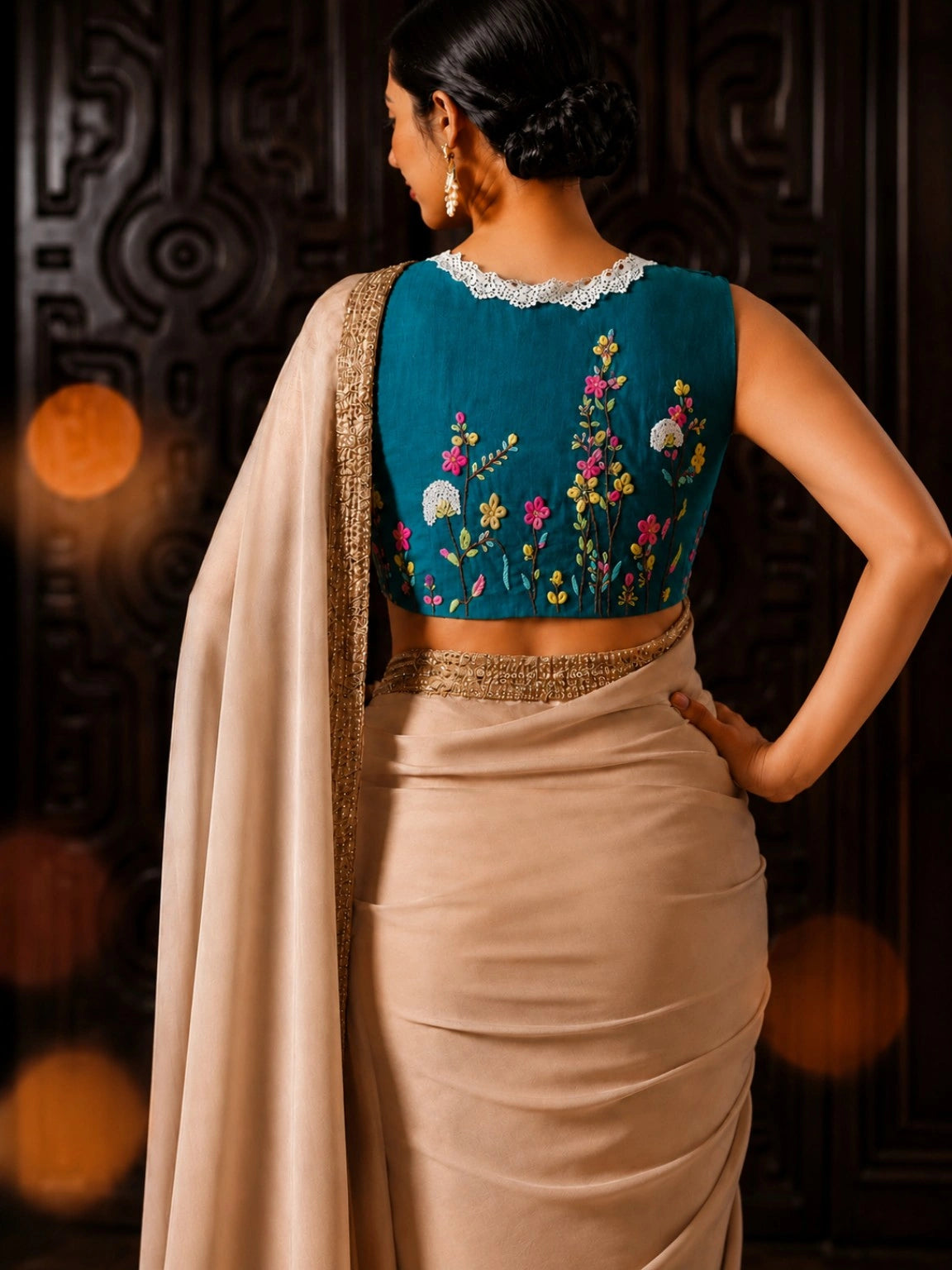 Peacock Teal Pure Cotton Embroidered Blouse with Floral Thread Work and Lace Neckline