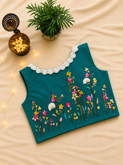Peacock Teal Pure Cotton Embroidered Blouse with Floral Thread Work and Lace Neckline