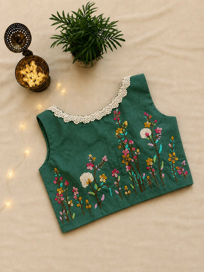 Pure Cotton Teal Green Air-Neck Thread Embroidered Sleeveless Blouse with Floral Embroidery & Lace Neckline