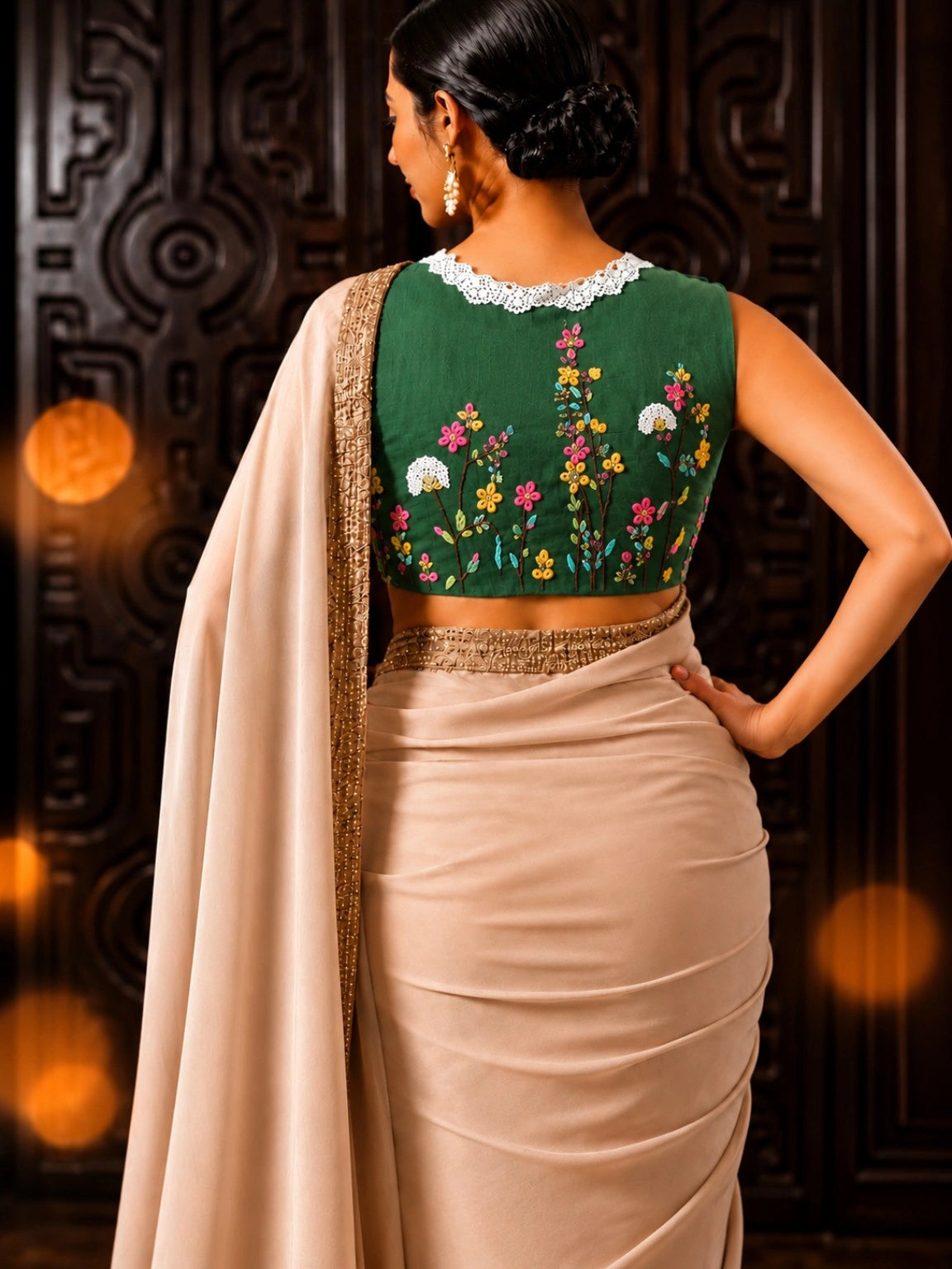 Pure Cotton Teal Green Air-Neck Thread Embroidered Sleeveless Blouse with Floral Embroidery & Lace Neckline