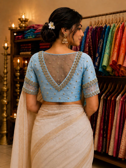 Powder Blue Raw Silk Zardozi Work Designer Blouse