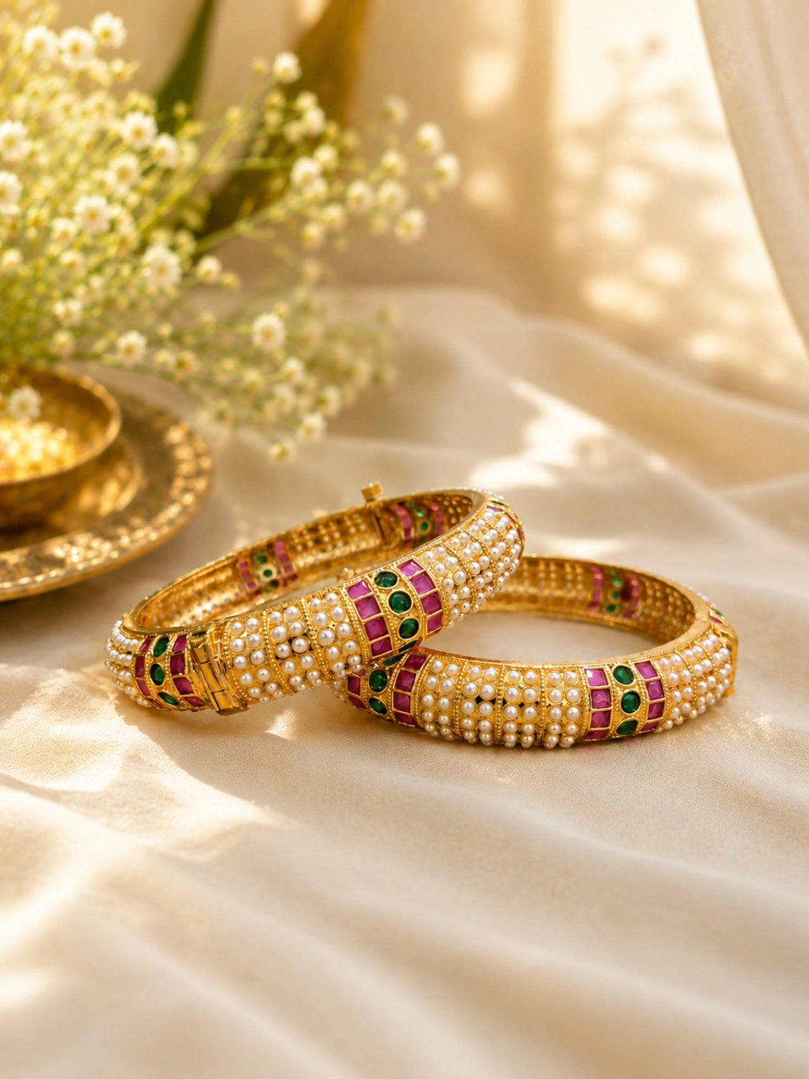 Gold-Tone Pearl and Pink Green Stone Embellished Designer Bangles