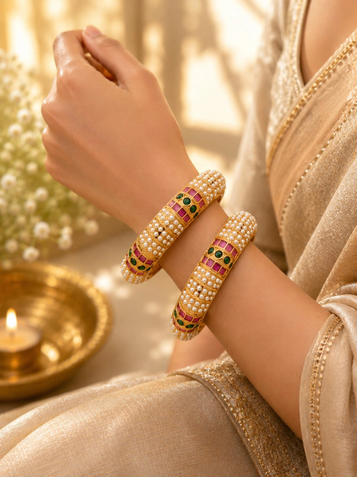 Gold-Tone Pearl and Pink Green Stone Embellished Designer Bangles