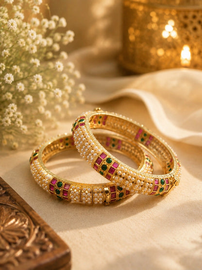 Gold-Tone Pearl and Pink Green Stone Embellished Designer Bangles