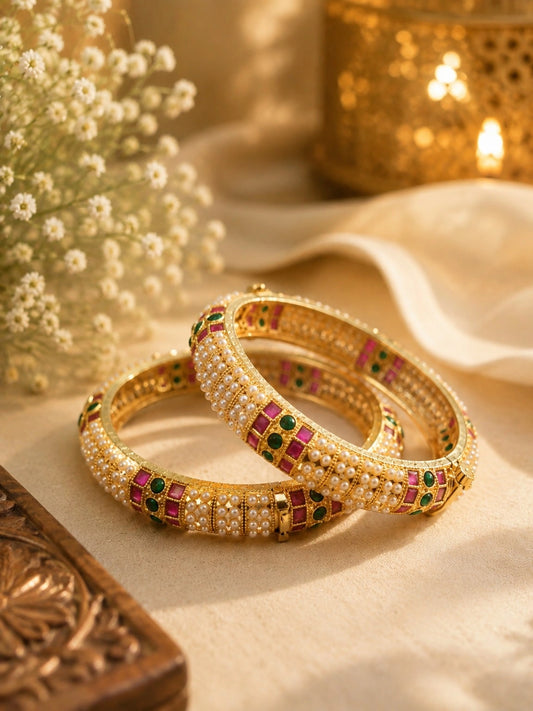 Gold-Tone Pearl and Pink Green Stone Embellished Designer Bangles
