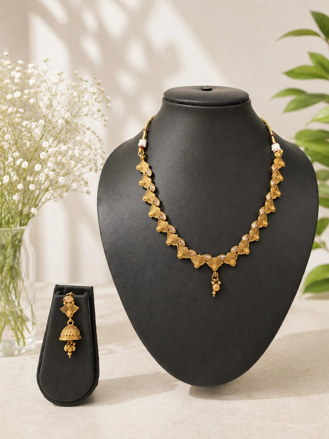 Gold-Tone Floral Leaf Necklace Set with Jhumka Earrings