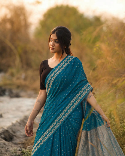 Teal Blue Satin Mashru Silk Saree with Silver Woven Border & Buti Design Elegant Festive Ethnic Wear