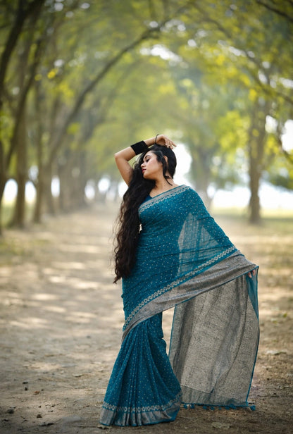 Teal Blue Satin Mashru Silk Saree with Silver Woven Border & Buti Design Elegant Festive Ethnic Wear