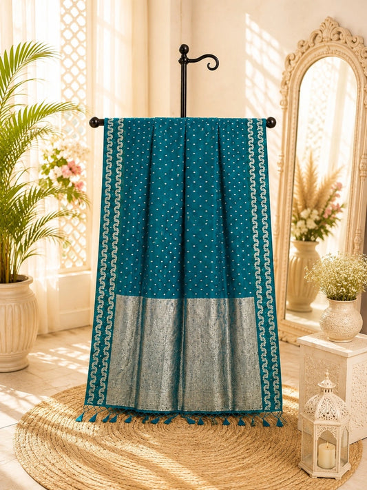 Teal Blue Satin Mashru Silk Saree with Silver Woven Border & Buti Design Elegant Festive Ethnic Wear