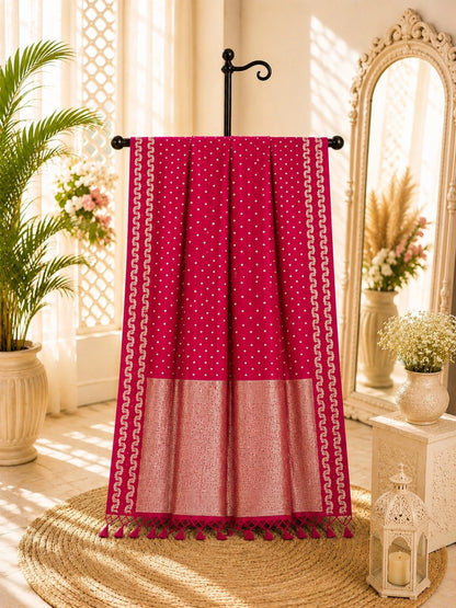 Magenta Satin Mashru Silk Saree with Gold Buti Motifs & Rich Woven Zari Border Festive Ethnic Wear