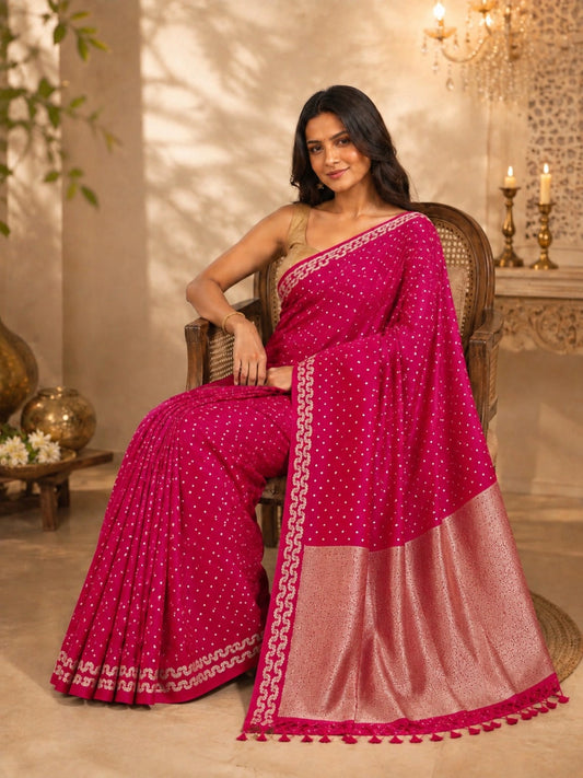 Magenta Satin Mashru Silk Saree with Gold Buti Motifs & Rich Woven Zari Border Festive Ethnic Wear