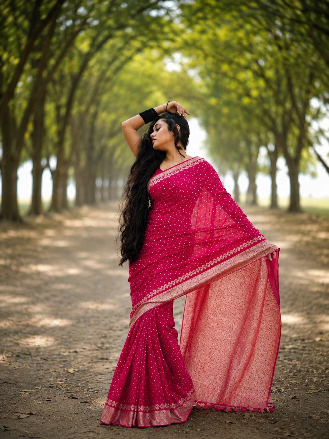 Magenta Satin Mashru Silk Saree with Gold Buti Motifs & Rich Woven Zari Border Festive Ethnic Wear