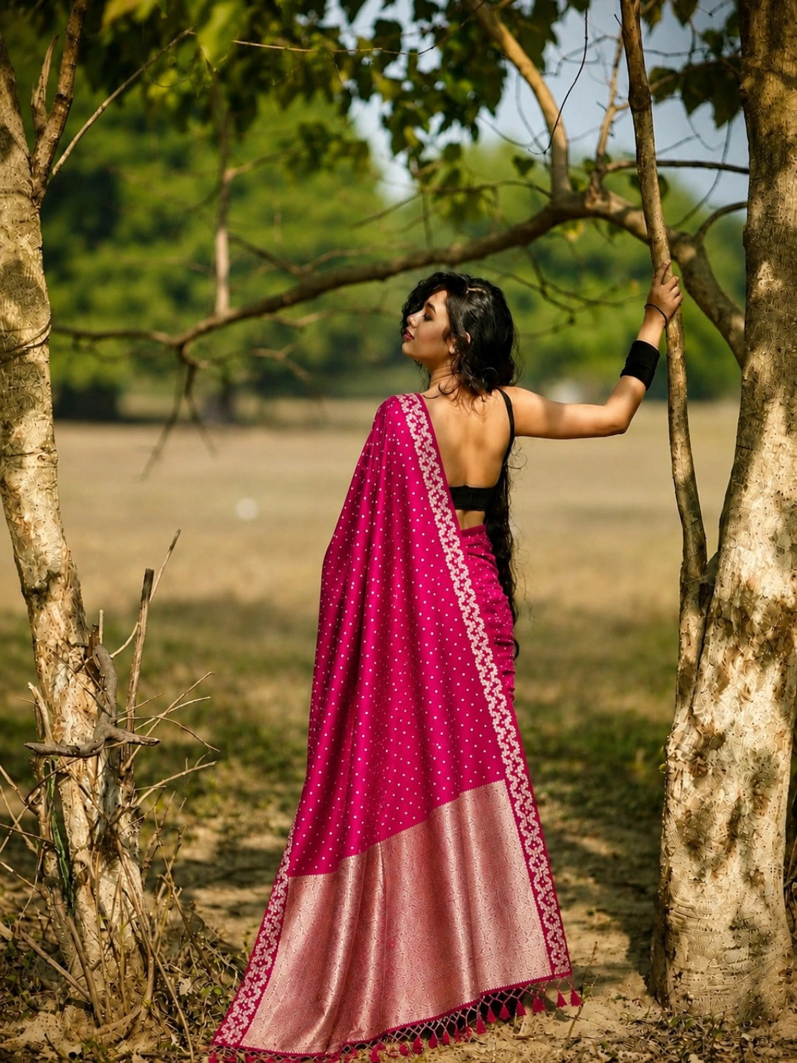 Magenta Satin Mashru Silk Saree with Gold Buti Motifs & Rich Woven Zari Border Festive Ethnic Wear