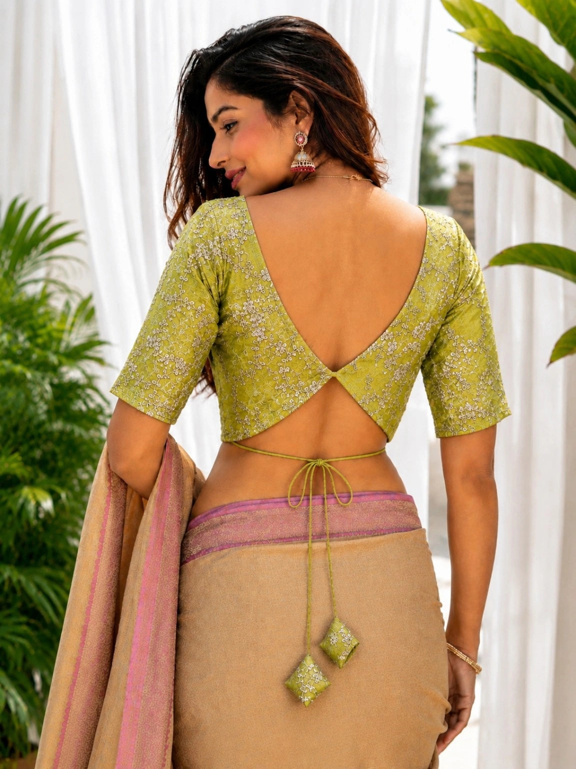 Light Green Shimmer Zari Work Backless Blouse for Women Sweetheart Neck