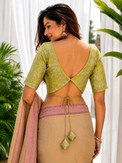 Light Green Shimmer Zari Work Backless Blouse for Women Sweetheart Neck