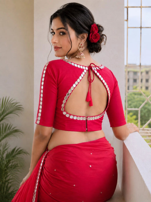 Red Pure Cotton Handwork Mirror Work Blouse with Floral Glass Embroidery & Sweetheart Neck