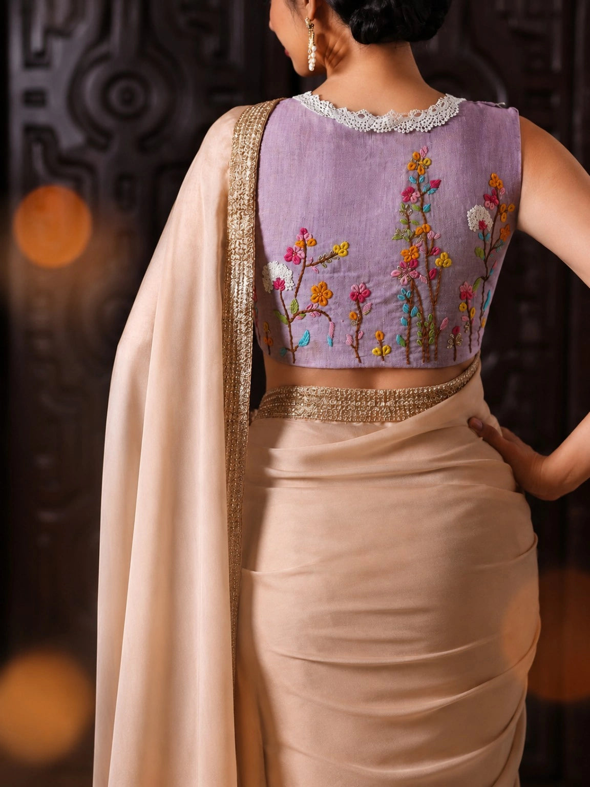 Pure Cotton Soft Lavender Floral Thread Embroidered Air Neck Blouse with Sequin Work