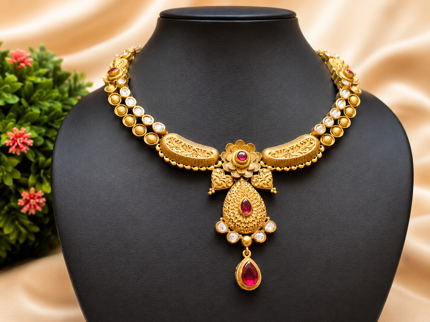 Antique Gold Plated Ruby Stone Necklace Set for Women