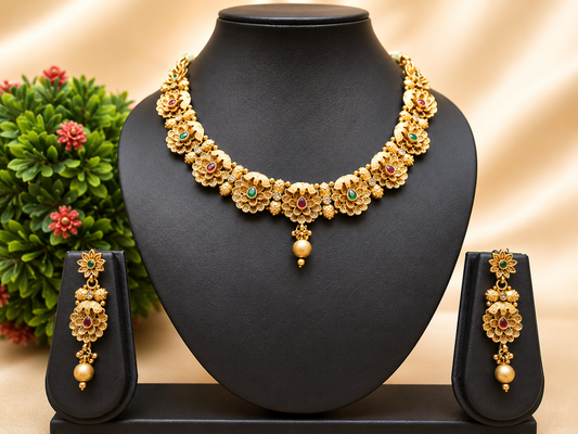 Antique Gold Floral Necklace Set with Stone Work