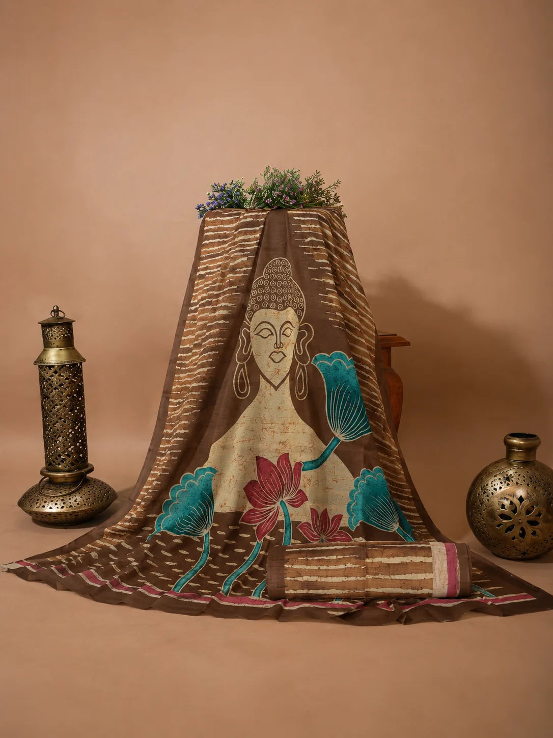 Artistic Brown Ghicha Silk Saree with Buddha Motif Design