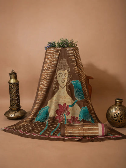 Artistic Brown Ghicha Silk Saree with Buddha Motif Design