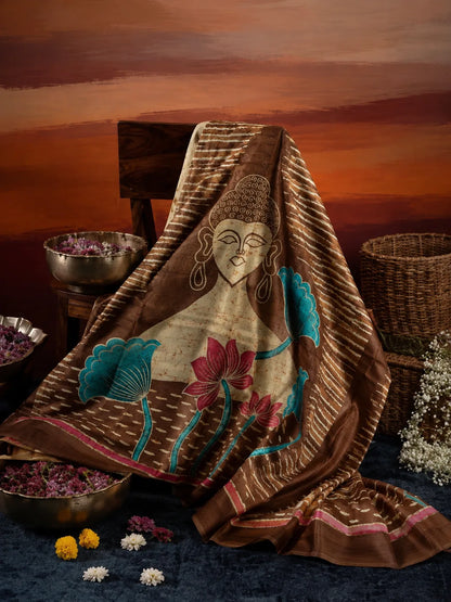 Artistic Brown Ghicha Silk Saree with Buddha Motif Design