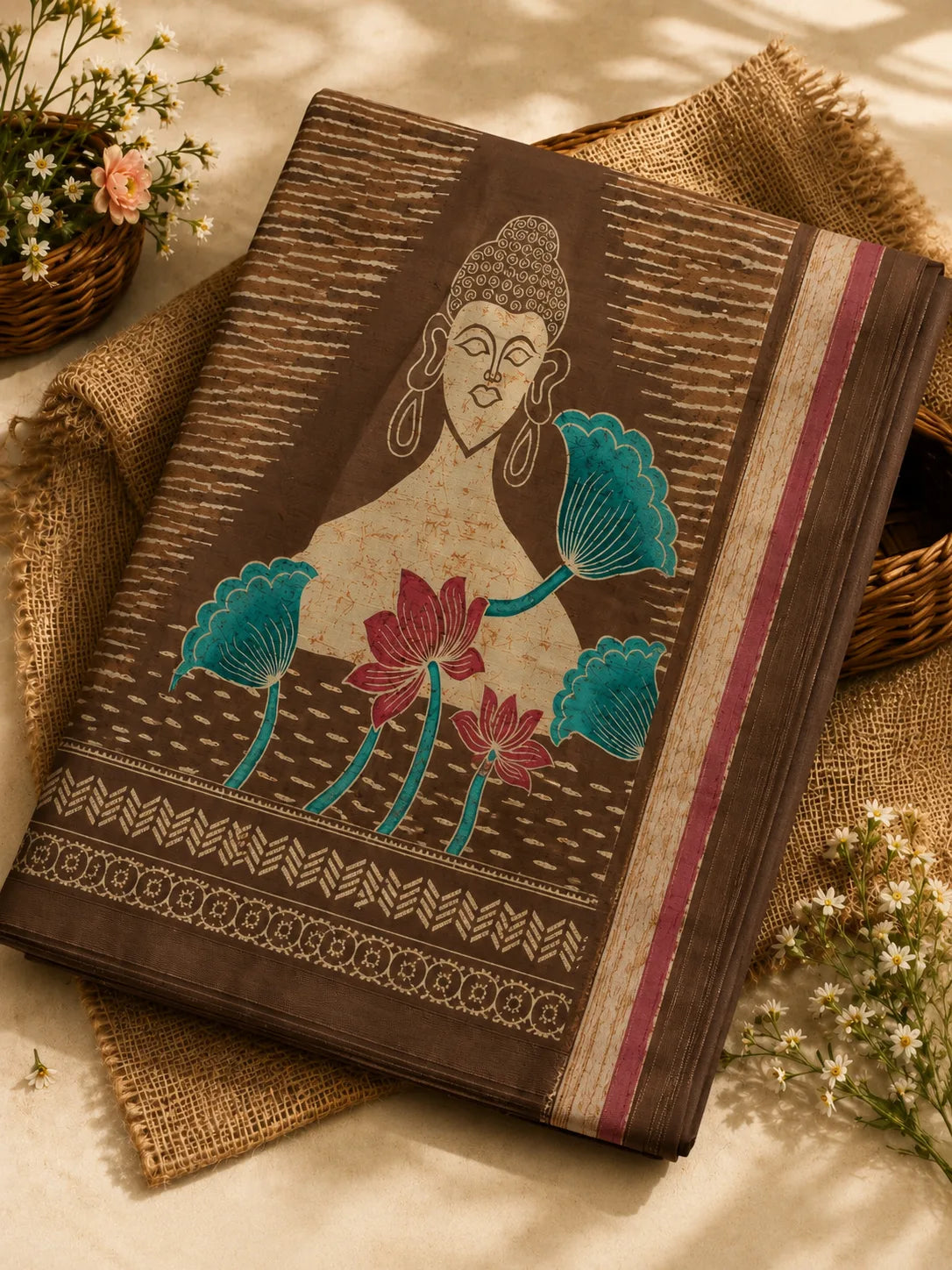 Artistic Brown Ghicha Silk Saree with Buddha Motif Design