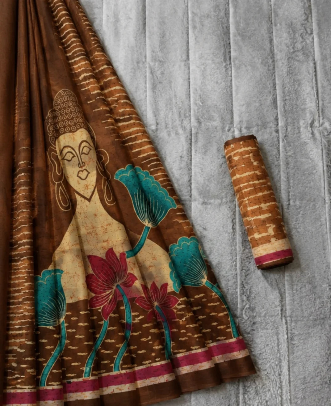 Artistic Brown Ghicha Silk Saree with Buddha Motif Design