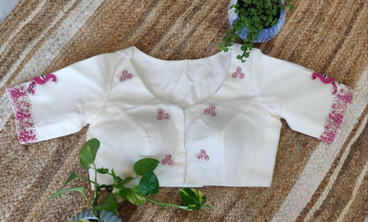 Off White Organza Hand Embroidered Blouse – Boat Neck Glass Sleeve Designer  Blouse