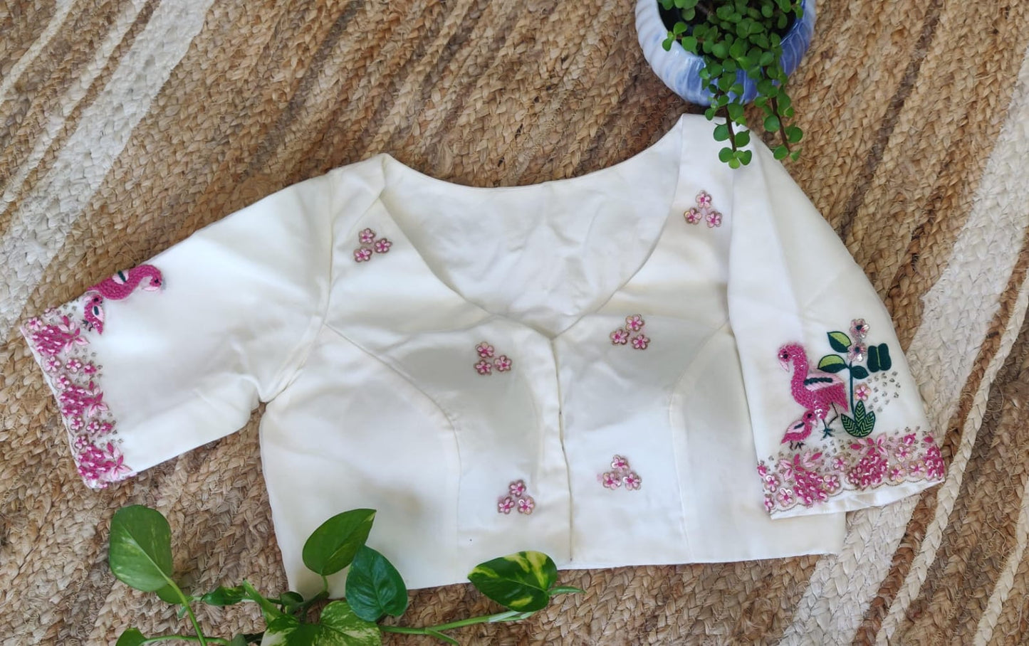 Off White Organza Hand Embroidered Blouse – Boat Neck Glass Sleeve Designer  Blouse