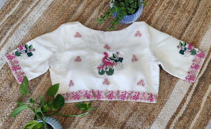 Off White Organza Hand Embroidered Blouse – Boat Neck Glass Sleeve Designer  Blouse