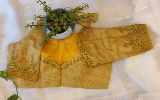 Beige Pure Cotton Embroidered Blouse – Thread Work Pan Design  Blouse for Women