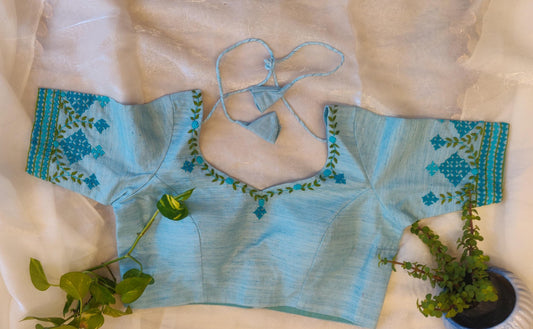 Sky Blue Pure Cotton Embroidered Blouse – Thread Work Pan Design Saree Blouse for Women