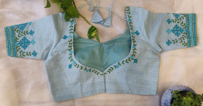 Sky Blue Pure Cotton Embroidered Blouse – Thread Work Pan Design Saree Blouse for Women
