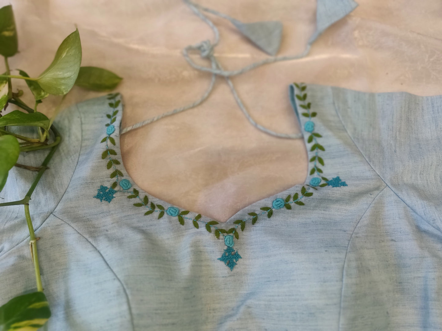 Sky Blue Pure Cotton Embroidered Blouse – Thread Work Pan Design Saree Blouse for Women