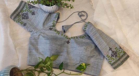 Greyish blue Pure Cotton Embroidered Blouse – Thread Work Pan Design Saree Blouse for Women