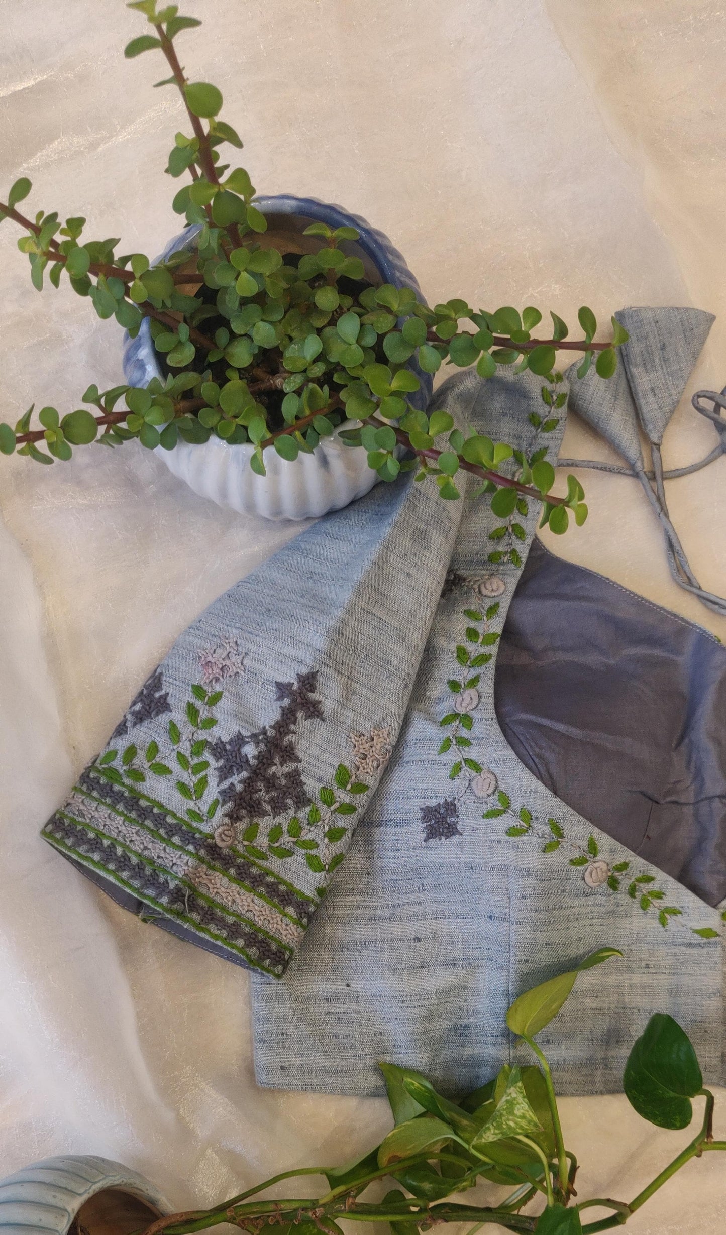 Greyish blue Pure Cotton Embroidered Blouse – Thread Work Pan Design Saree Blouse for Women