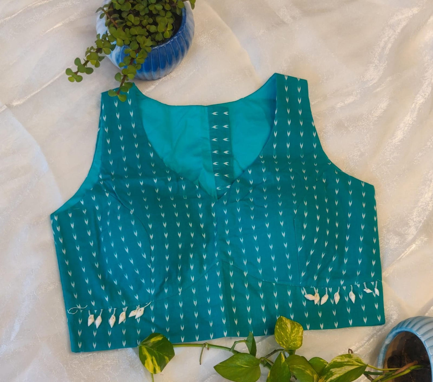 Teal Blue Pure Cotton Ikat Print Blouse – Padded Sleeveless Summer  Blouse for Women