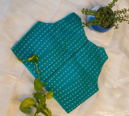 Teal Blue Pure Cotton Ikat Print Blouse – Padded Sleeveless Summer  Blouse for Women