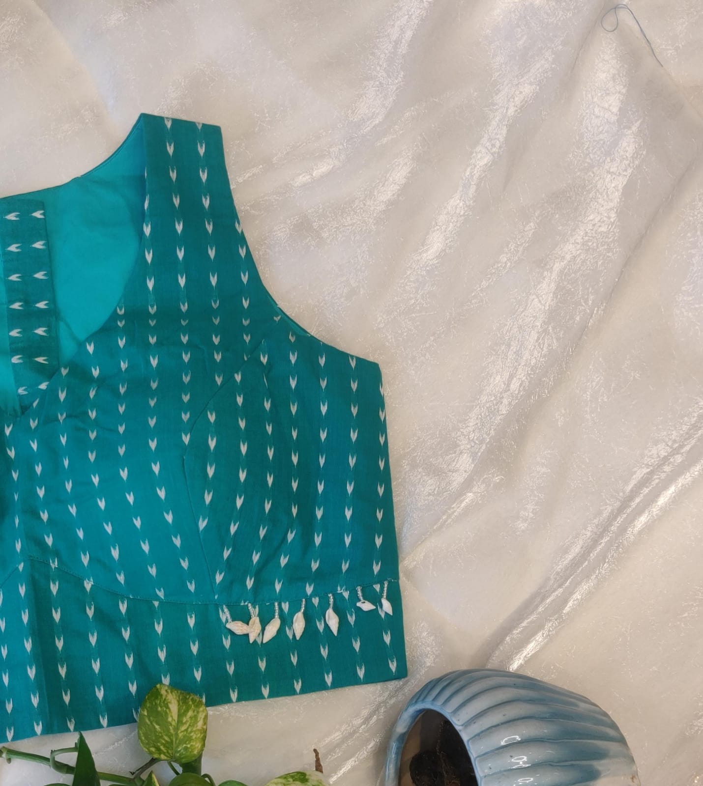 Teal Blue Pure Cotton Ikat Print Blouse – Padded Sleeveless Summer  Blouse for Women