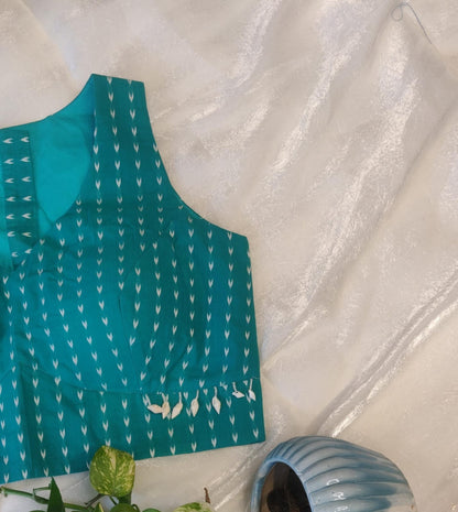 Teal Blue Pure Cotton Ikat Print Blouse – Padded Sleeveless Summer  Blouse for Women