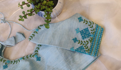 Sky Blue Pure Cotton Embroidered Blouse – Thread Work Pan Design Saree Blouse for Women